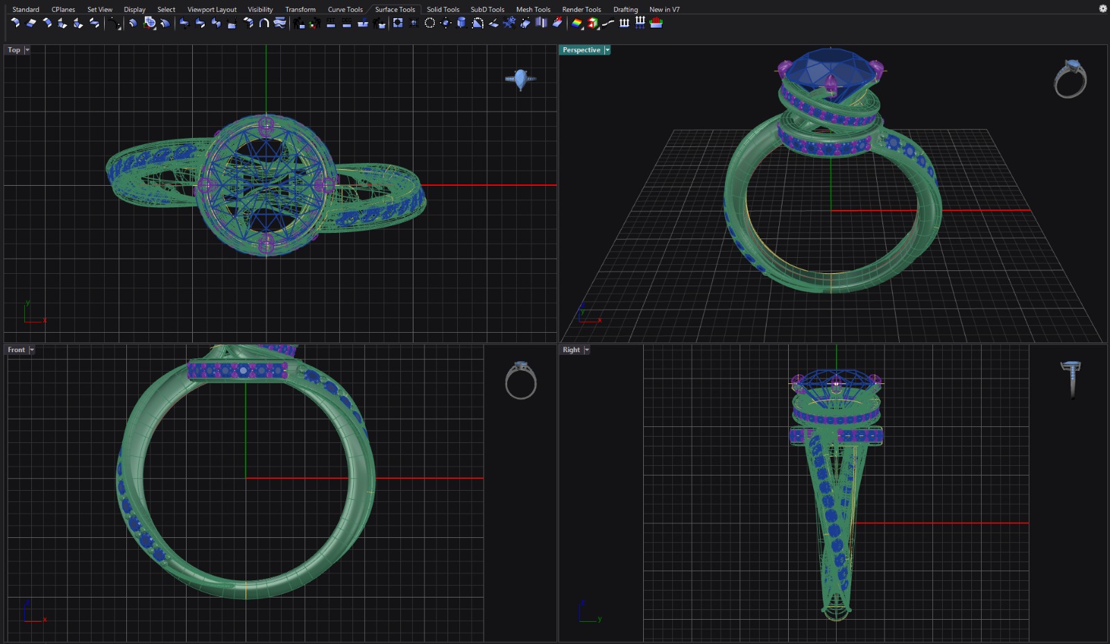 Jewelry CAD engineering — organic sculpting and stone setting tolerances