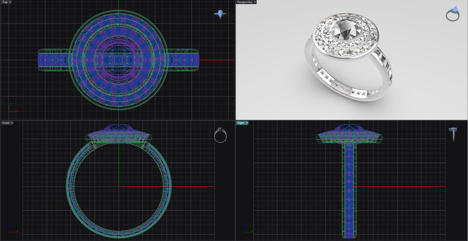 Fine jewelry 3D CAD wireframe — millimetric precision modeling